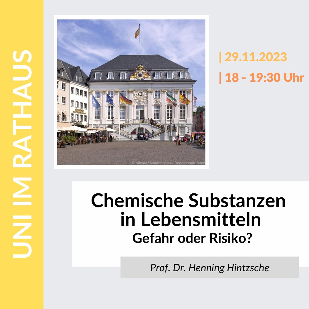 "Chemische Substanzen in #Lebensmittel|n - Gefahr oder Risiko?" Dazu spricht Prof. Dr. Hintzsche <a href="/UniBonn/">Rheinische Friedrich-Wilhelms-Universität Bonn</a> bei "Uni im Rathaus" am 29.11.2023 &amp; erläutert die Grundlagen toxikologischer Risikobewertung auch anhand konkreter Beispiele.

Infos &amp; Anmeldung: vhs-bonn.de/programm/polit…
