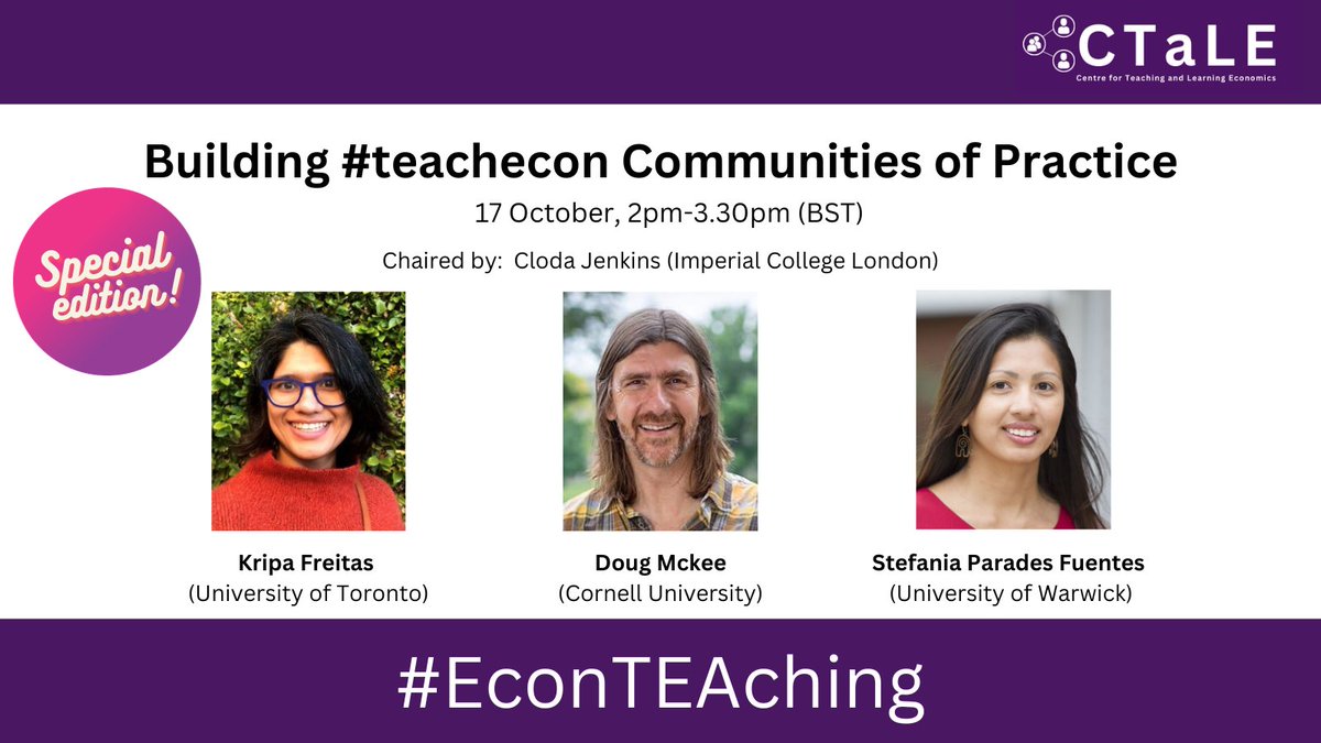 CTaLE_'s tweet photo. 👥📺➡️Watch online the launch of CTaLE's Communities of Practice. Learn about the people + places coming together to elevate Economics Education, and...see how you can get involved! https://t.co/HZDi6D4cLw
#EconTEAching #Economics #TeachECON #HigherEducation #EconTwitter https://t.co/WVDd7vuPPS