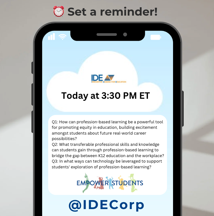 IDECorp's tweet image. Join us today at 3:30!! #LATICchat where we will be talking about Profession Based Learning! #PBL #PBLChat #Twitterchat #edchat