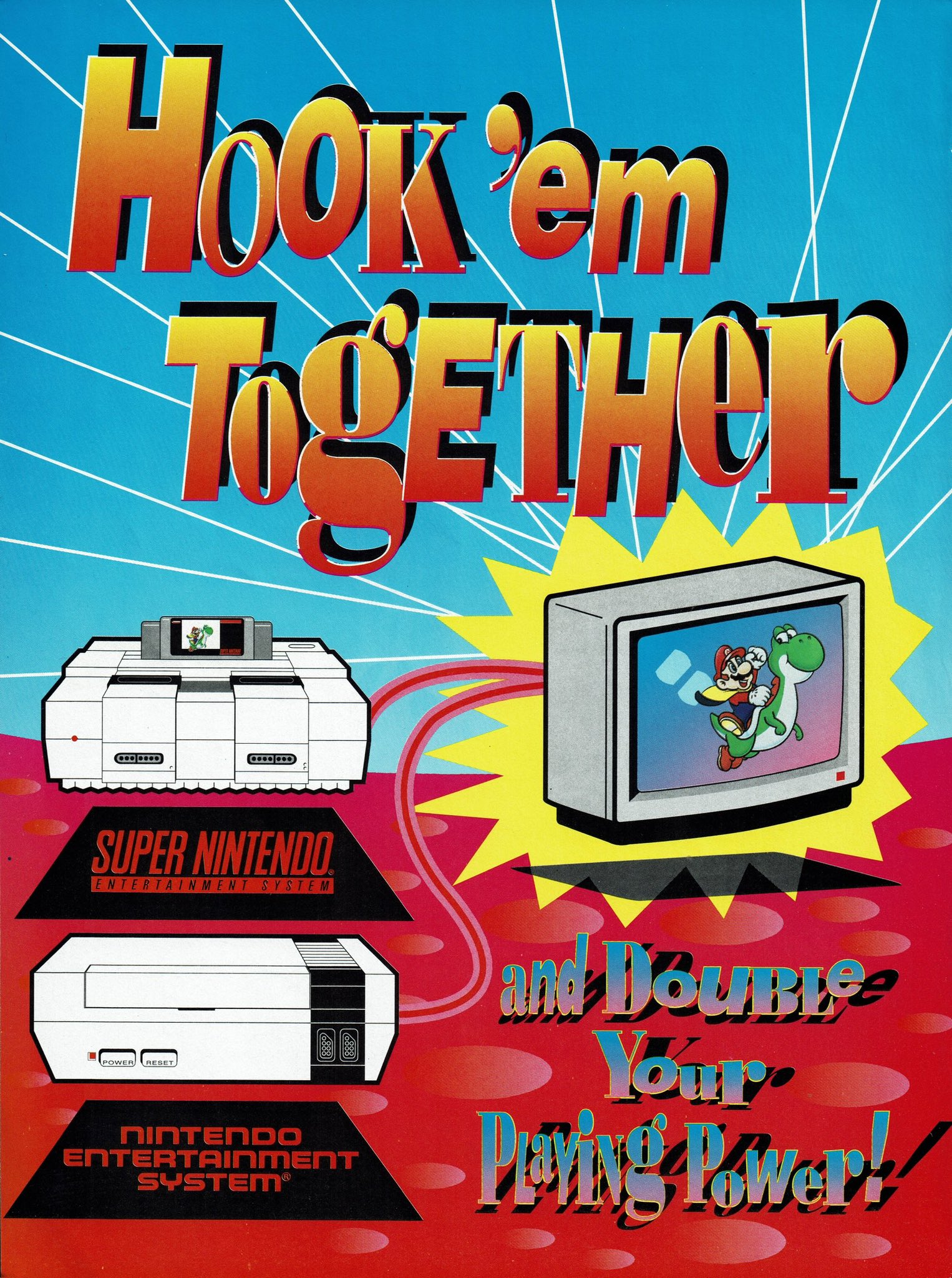 VideoGameArt&Tidbits on X: Super Nintendo - Hook 'em Together ad (1992).  When the SNES was released, Nintendo wanted people to know you can have  both your NES and SNES hooked up to