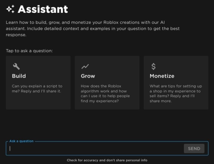 DevNews_Roblox's tweet image. The new #Roblox AI powered assistant is being developed. This new AI can help you write scripts, give tips for growing and even Roblox game ideas. It gets most of his answers of the Roblox DevForum. But could you ask it a fun little dad joke? 

create.roblox.com/docs/assistant

#AI #New