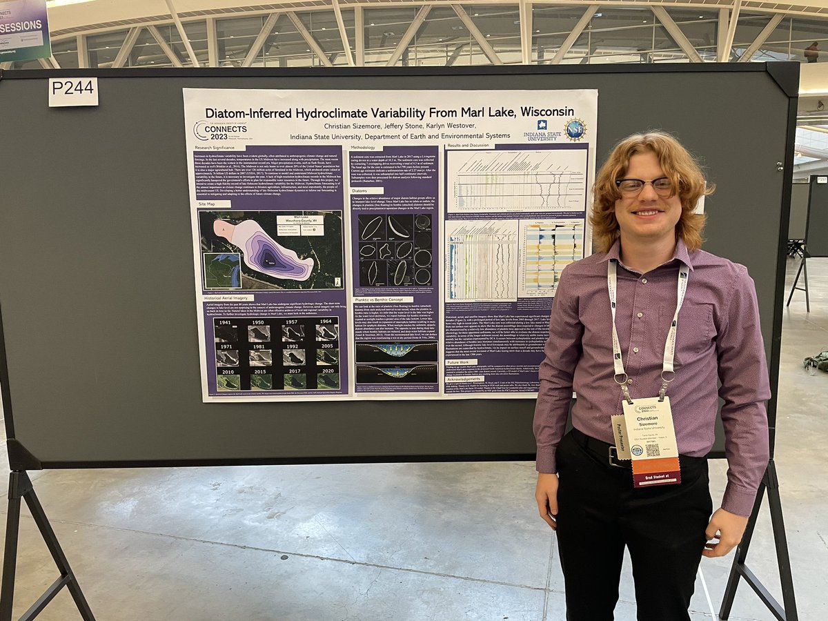 Poster 244 today showcases the work of MS student Christian Sizemore. Come by and hear about Holocene precipitation and evaporative changes the Midwest reconstructed using #diatoms from Marl Lake, WI. #GSA2023 #EESINDSTATE