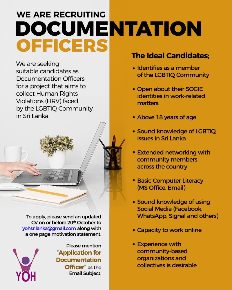 YOHSLT's tweet photo. #Apply now. We're hiring! Send your CVs to yohsrilanka@gmail.com on or before Oct 20, 2023. Please mention "Application for Documentation Officer" as the Email subject. #YOH #YOHSRILANKA https://t.co/jWVte3FhEO