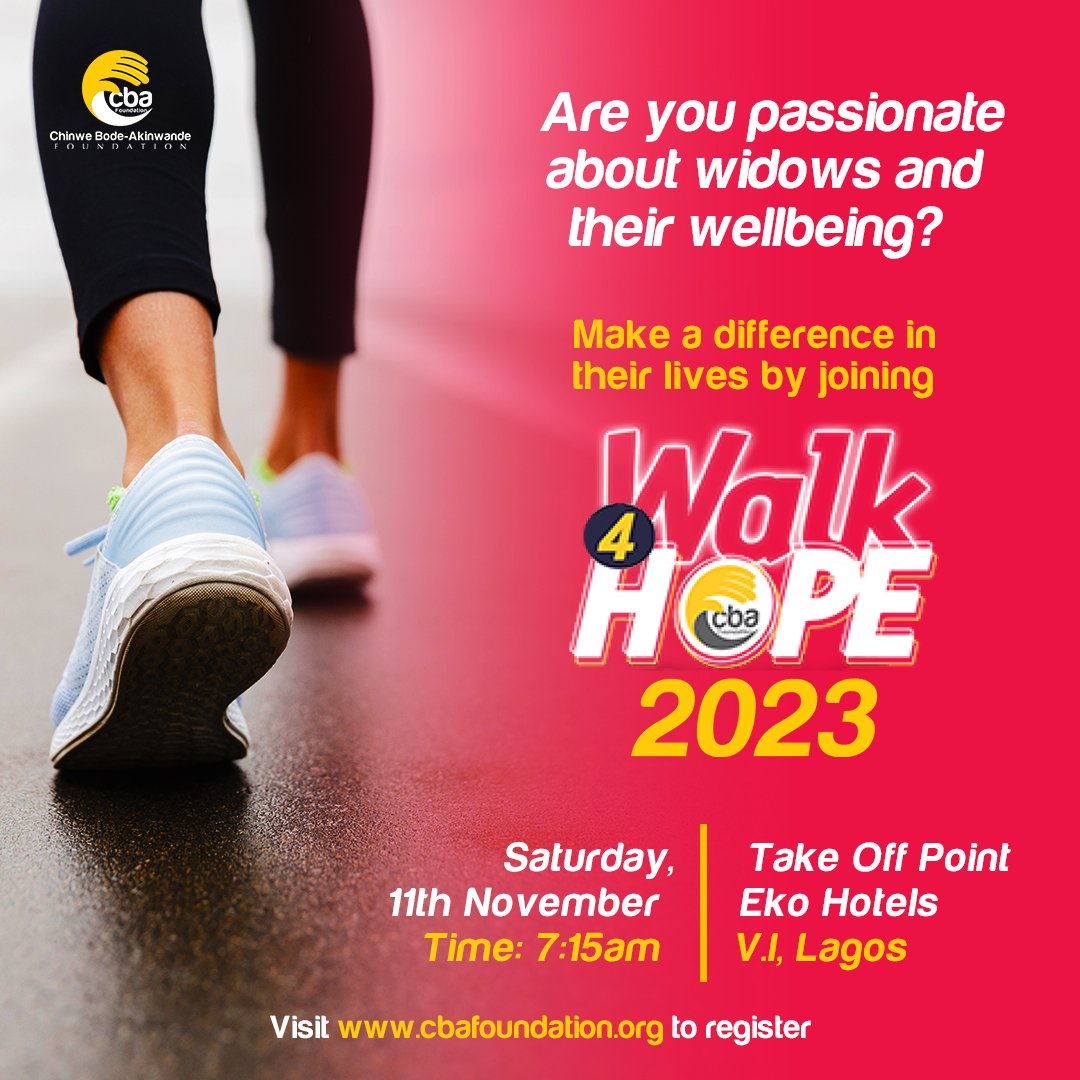 cbodeakinwande's tweet photo. Registration portal is open .

N10,000 per participant in support of underprivileged widows and their children. 

*Follow us and CLICK ON THE LINK 👉👉 https://t.co/ENP68JGJjN
  to register.

Let's make this happen.

Come join us!​
#Walk4Hope 
#Walk4Hope2023 https://t.co/JKgqeKwv2Q