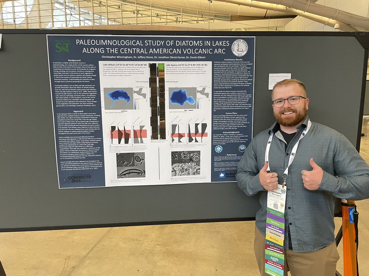 Catch Christopher Winningham today at booth 258. It is your chance to hear about how #diatoms are sensitive to past #earthquakes - recorded in lake records from #Guatemala! Out of control badge flash too! #EESINDSTATE #GSA2023 #paleolimnology