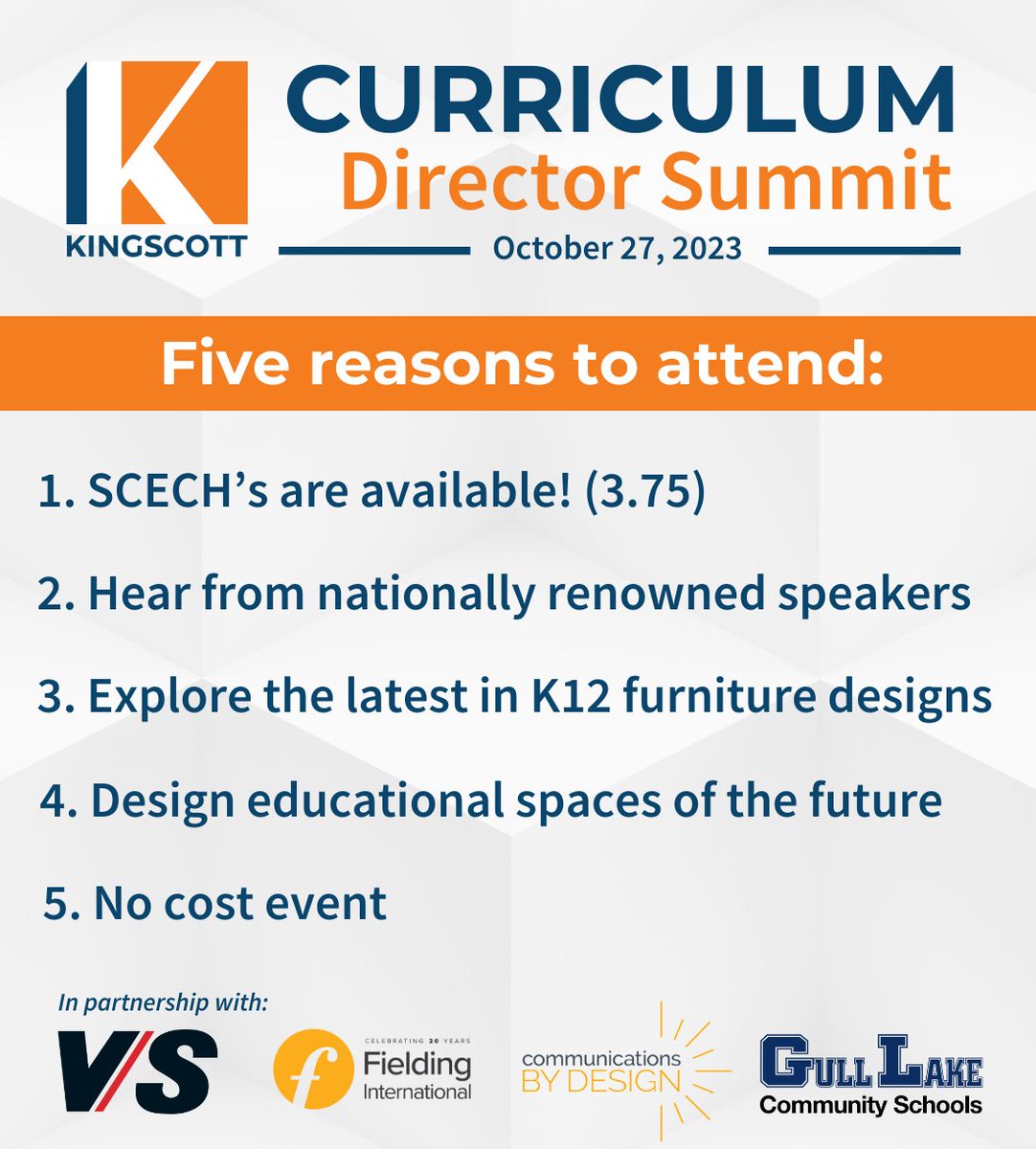 RSVP today to join us for the Curriculum Director Summit in Grand Rapids on Oct. 27 - 3.75 SCECH's available! To learn more and to register, visit: kingscott.com/news/kingscott…