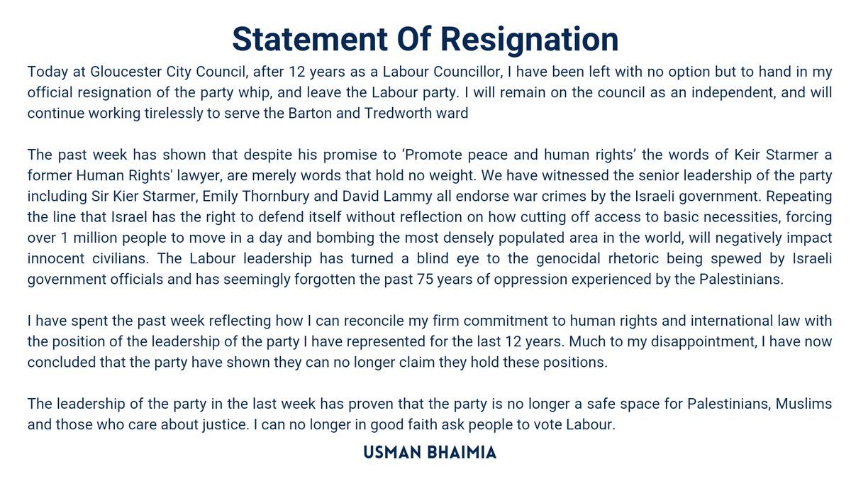 Usman Bhaimia, a Labour councillor in Gloucester for 12 years, says he has resigned because the party is 'no longer a safe space for Palestinians, Muslims and those who care about justice.'