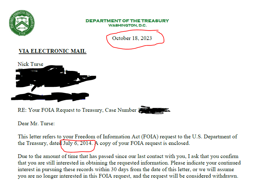 nickturse's tweet photo. .@USTreasury #FOIA office trying to give DoD a run for it's money. Almost 10 years later, they still haven't fulfilled this request.  Another agency, another #FOIAfail https://t.co/jJSDoagEFl