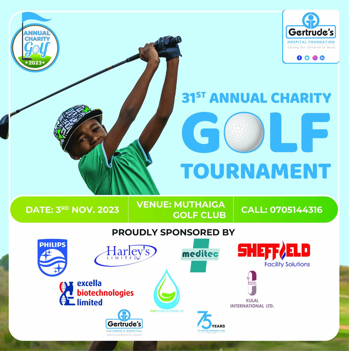 🌟 We are thrilled to announce our esteemed sponsors, Meditec Systems Ltd, @HarleysLtd, @PhilipsKenya, @sheffield_afric, Excella Biotechnologies Ltd, @Puryhydrowater1 and @kulal_int for the @GertrudesHospFD Golf Tournament! #GertrudesGolfTournament2023 #GertrudesKe #UlizaDaktari