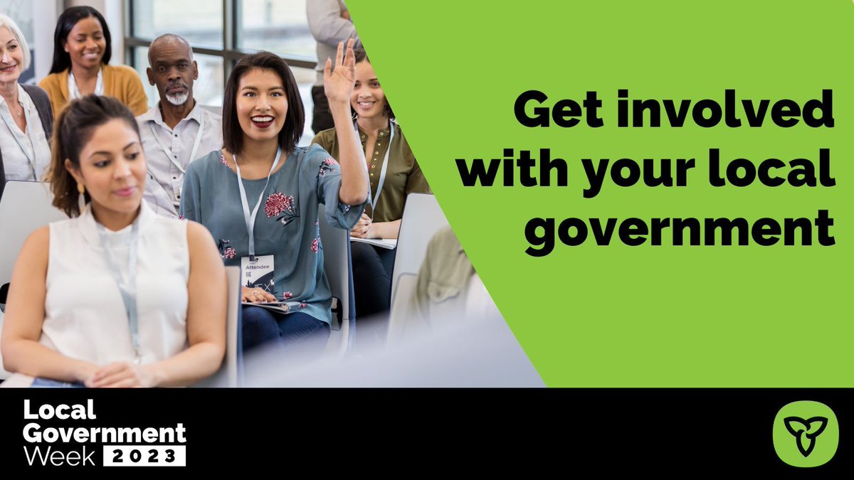 Voting and running for council aren’t the only ways to engage with local government:

💬 participate in a consultation
🏛 go to a town hall meeting
🙋‍♀️ join a committee
🤗 volunteer

Learn how to get involved at your municipal website: ontario.ca/page/list-onta… 

#LocalGovWeek