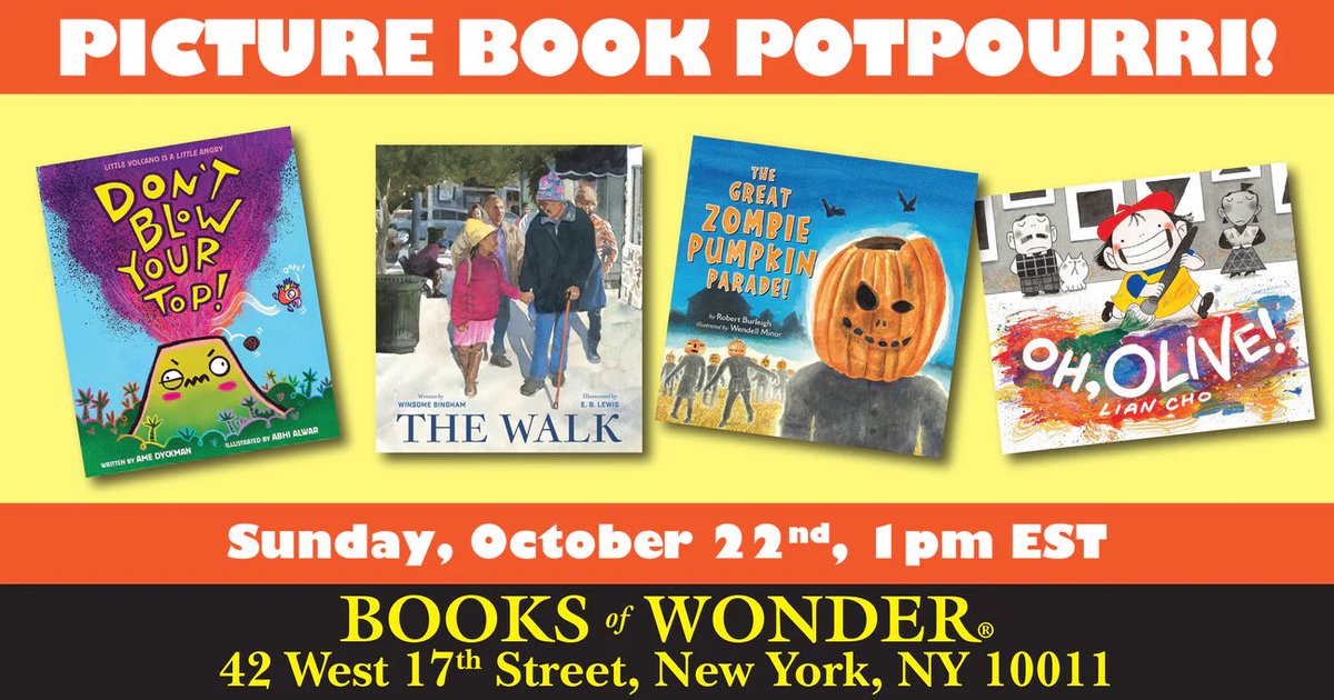 HEY, NYC pals! DON’T MISS this in-person #kidlit event! ⭐️SUN, 10/22/23, 1 PM⭐️ at @BooksofWonder! The amazing @abhi_alwar will be there w/ our brand-new 🌋DON’T BLOW YOUR TOP!🌋 & the wonderful Winsome Bingham, @WendellMinor, & @liantomato, too! 🏆! booksofwonder.com/blogs/upcoming…