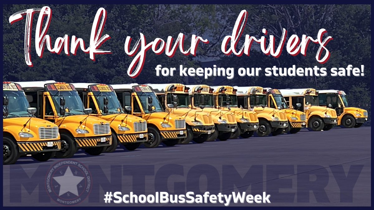 MontgomeryISD's tweet photo. It's #SchoolBusSafetyWeek!
Thank you to the individuals that serve MISD as bus drivers and transportation employees for getting our students to and from school each day safely. These employees are at work before the sun comes up and work late into the evening.
#OnePathTogether https://t.co/Do3w1Gp4B5