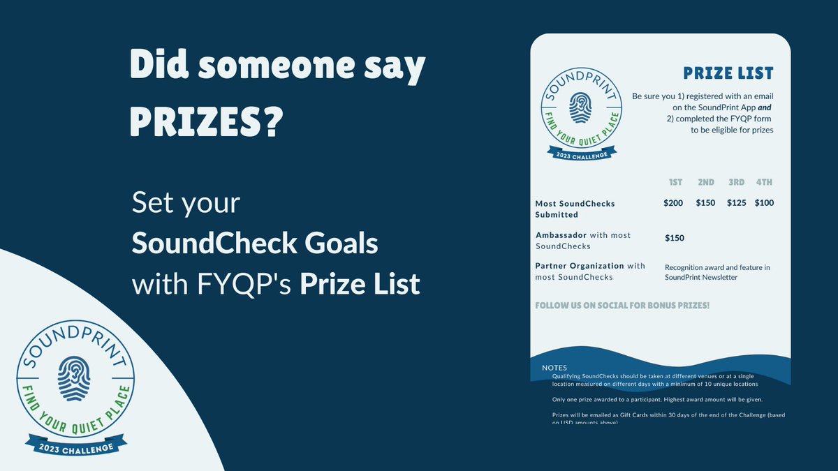 Your SoundChecks can contribute to hearing health awareness AND make you eligible to win prizes! Check out the @SoundPrintApp Prize List at soundprint.co/fyqp-challenge…
#SoundPrintFYQP