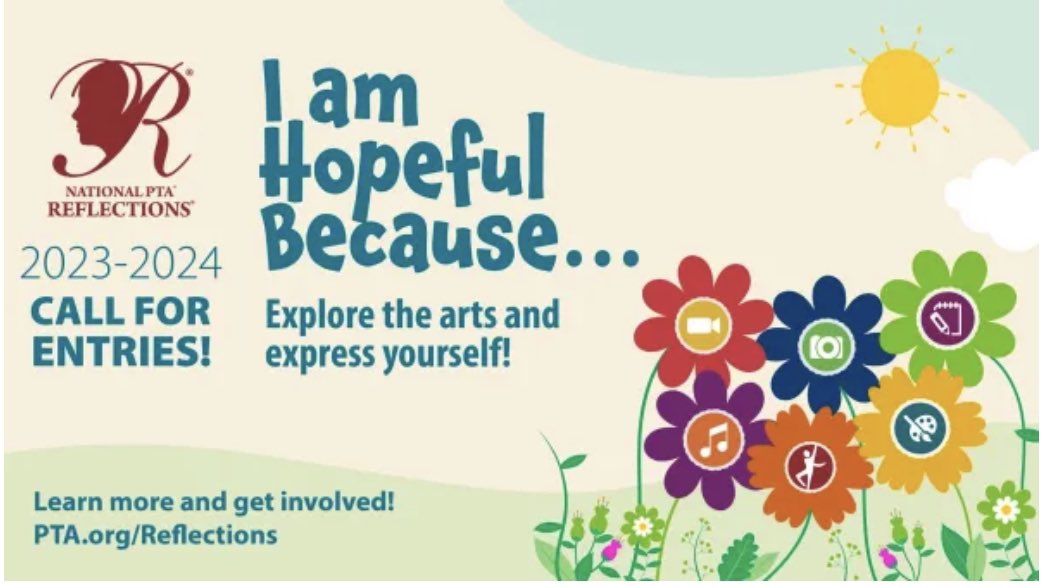 Reflections Entries due Fri Oct 27th

To participate children choose a category: Dance/Music/Film/Photography/Literature/Visual Arts reflect on the theme “I am Hopeful Because…” &amp; create original works of art. Visit: bit.lypssreflections23-24 for official rules &amp; entry form