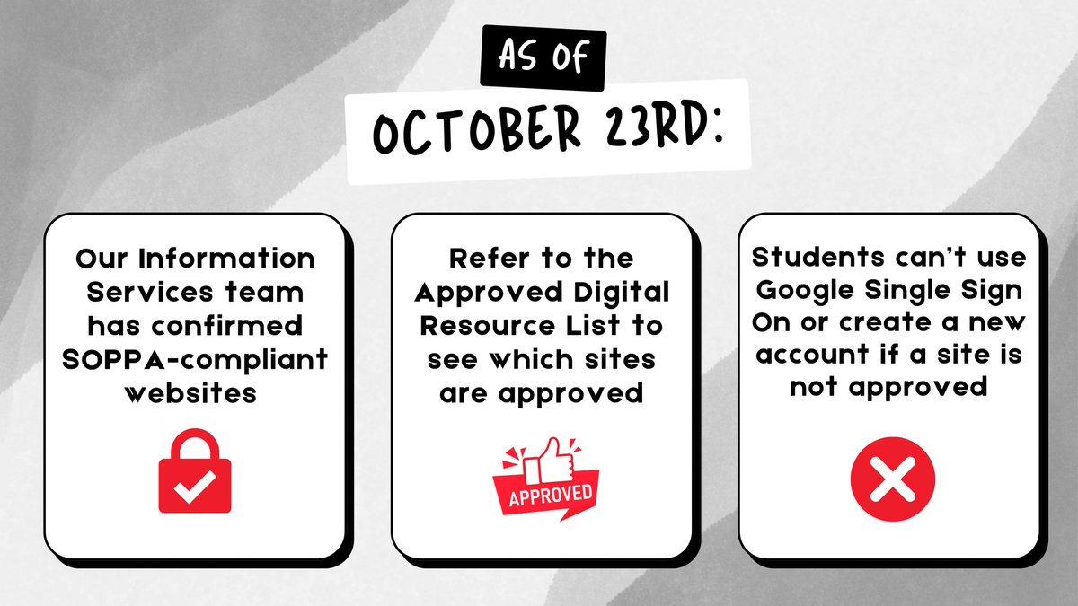 CCSD21InfoServ's tweet photo. As of October 23rd, Google is restricting students under 18 from signing into any website using their Google account, unless the website is confirmed by the district. Here’s what you need to know:

Approved Digital Resource List: https://t.co/ZTExc9Fjt0

#21Learns https://t.co/dAtsjeL2mX
