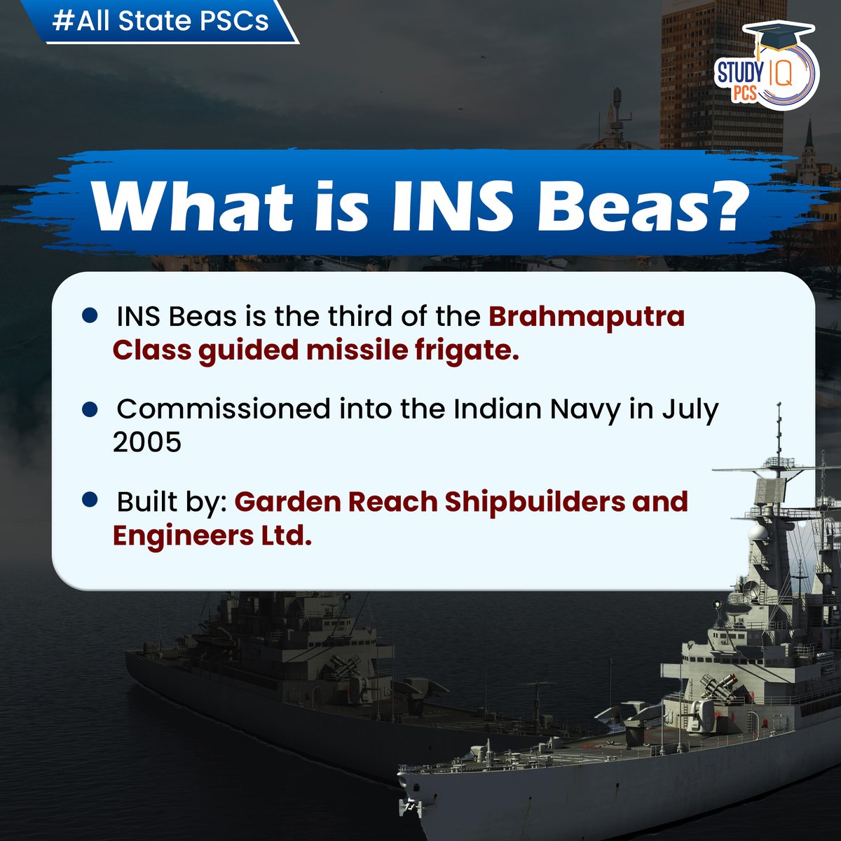 Studyiq_pcs's tweet image. INS Beas

#insbeas #ministryofdefence #mod #cochinshipyardlimited #csl #missilefrigate #brahmaputra #indiannavy #gardenreachshipbuildersandengineersltd #uppcs #pcs #psc #uppsc #bpsc