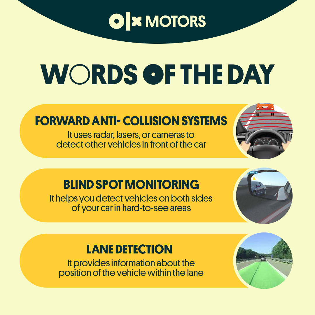 OLX_Pakistan's tweet image. Check out the meanings of the following car related terms. Stay tuned for more informative posts.
#anticollision #blindspot #lanedetection #OLXMotors