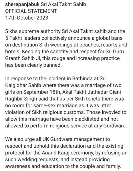 Indiancomminty's tweet photo. 🚨#BREAKING_NEWS : Sri Akal Takht Sahib had banned destination wedding and gay marriage

Statement: https://t.co/r0eQB27sSr