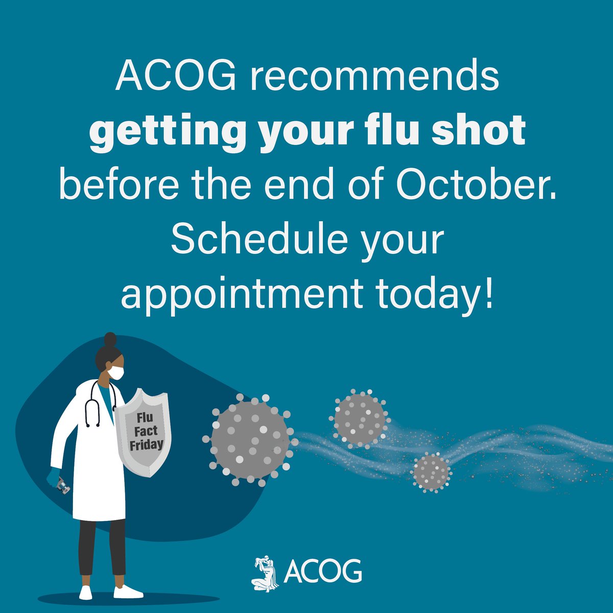 DYK? Less than half of pregnant people ages 18 to 49 were vaccinated against the flu as of March 2023, compared with almost two-thirds in March 2020, per <a href="/CDCgov/">CDC</a> data. ACOG recommends the flu shot for everyone who is pregnant or planning a pregnancy. #FluFactFriday #ACOGFightsFlu