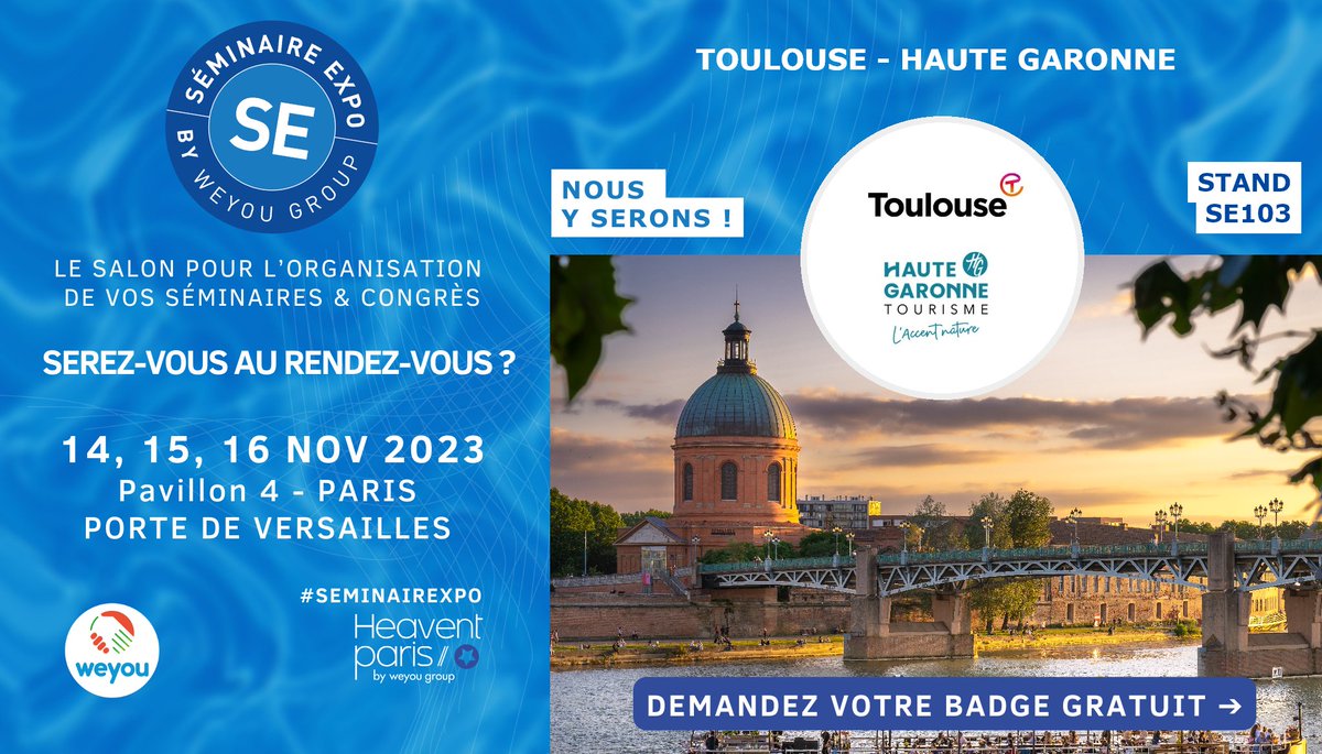 Toulouse Team Meetings (@toulouse_cvb) on Twitter photo 📆 RDV au salon Séminaire Expo Heavent Paris à Porte de Versailles avec <a href="/TourismeHG/">HauteGaronneTourisme</a> les 14, 15 et 16 novembre prochains !
📍 stand SE103
Si vous n’avez pas encore votre accréditation ➡ bit.ly/SeminExpo
#Toulouse #eventprofs #visiteztoulouse #seminairexpo 📆 RDV au salon Séminaire Expo Heavent Paris à Porte de Versailles avec <a href="/TourismeHG/">HauteGaronneTourisme</a> les 14, 15 et 16 novembre prochains !
📍 stand SE103
Si vous n’avez pas encore votre accréditation ➡ bit.ly/SeminExpo
#Toulouse #eventprofs #visiteztoulouse #seminairexpo