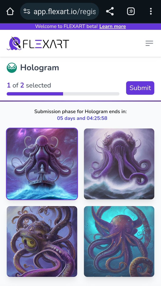 I can't decide which created AI artwork on <a href="/tryhologram/">@tryhologram.art </a> I should submit to the contest on app.flexart.io. Maybe some more mintings to have the most beautiful #PurpleKraken 🤔 Wanna win this competition on <a href="/flexart7/">flexart.eth</a> 😍 

1 / 2