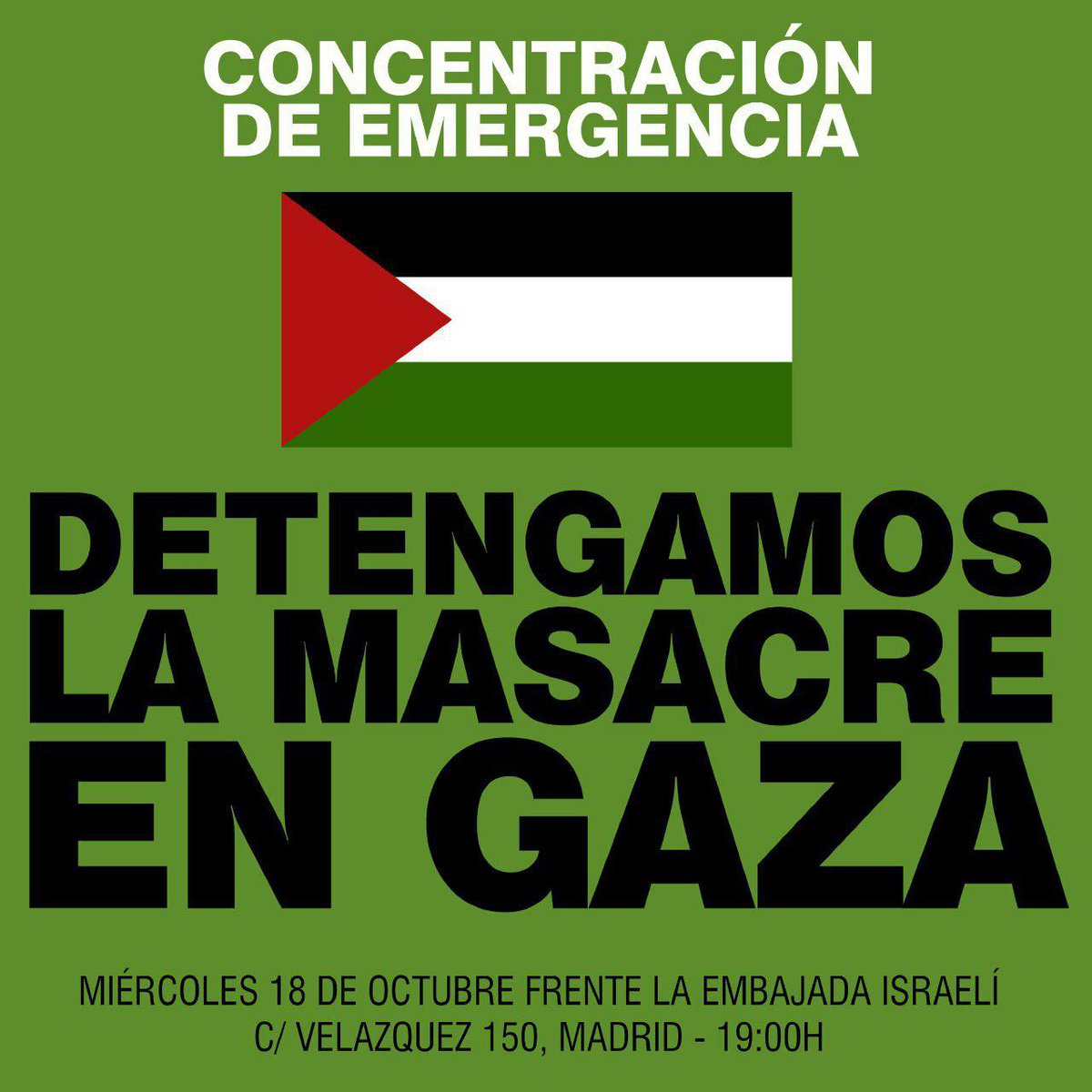 ¡Esta tarde! Nos vemos frente a la embajada de Israel. 

¡Viva Palestina libre! 🇵🇸🇵🇸