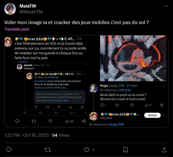 TON image??? c'est une IA??? l'image appartient a personne, si ce n'est a la compagnie à la limite. Ici, tu voles SON dessin, tu n'as aucun mérites mala bon sang. si il le voulait, porter plainte serait facile.

c'est ta fichue IA qui vole les artistes bordel.