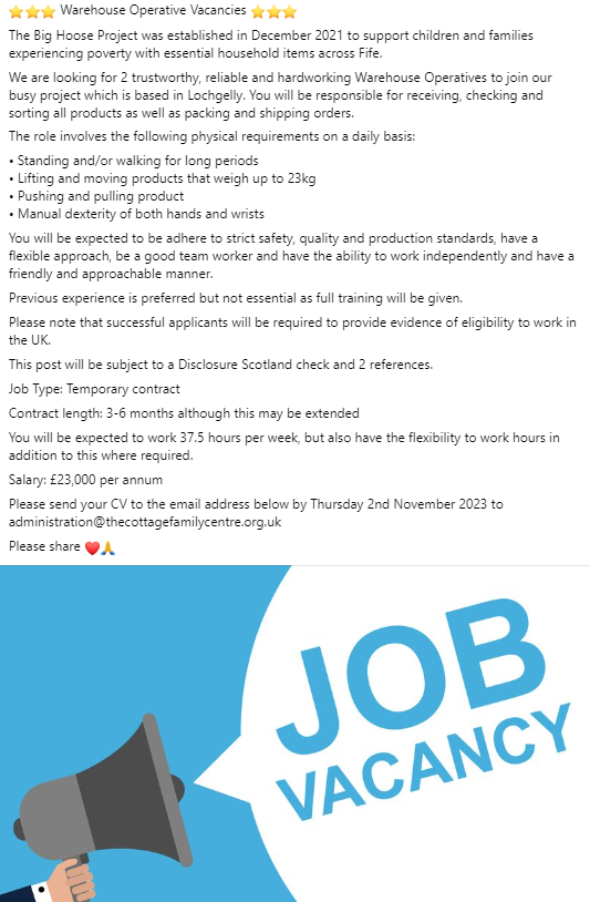 cottage_centre's tweet photo. We have 2 fantastic job opportunities, do you have the skills and experience we are looking for? Closing date Monday morning, please share  ❤️🙏 🥰 https://t.co/LgK0dfsOOR