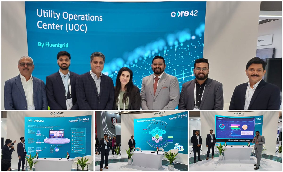 fluentgrid's tweet photo. Fluentgrid team along with Core42 team after the presentation by our speakers. A big thank you to Core42 team for facilitating and the participants for attending!
Fluentgrid team showcased the capabilities of the Utility Operations Command Center (UOCC), powered by Actilligence, during today's CORE42 TALKS at GITEX GLOBAL 2023, held at Sheikh Saeed Hall. They provided an in-depth overview of UOC's features, benefits, and illustrated a sample use-case scenario.
We hope it was insightful. Please feel free to get in touch with us for clarifications or engagement opportunities if any.

#Fluentgrid #UOC #UtilityOperationsCenter #GITEXGLOBAL #Dubai #CORE42TALKS #G42 #Injazat #GITEX2023 #DubaiWorldTradeCenter