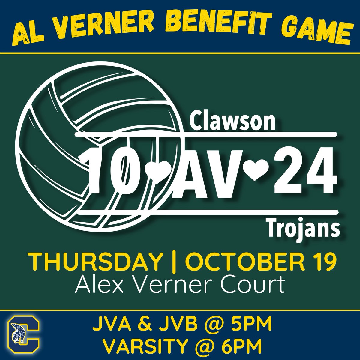Clawson_Schools's tweet photo. Our CHS Volleyball squads will be holding an Al Verner Benefit game on Thursday, Oct. 19th, on Alex Verner Court, against RO HS. All proceeds will be donated to the AV24 Scholarship Fund. Join us in your MSU green &amp; white, Clawson blue &amp; gold, or AV24 t-shirt!  💚🩶💙💛#WeAreCPS https://t.co/sn0C1vu7t8