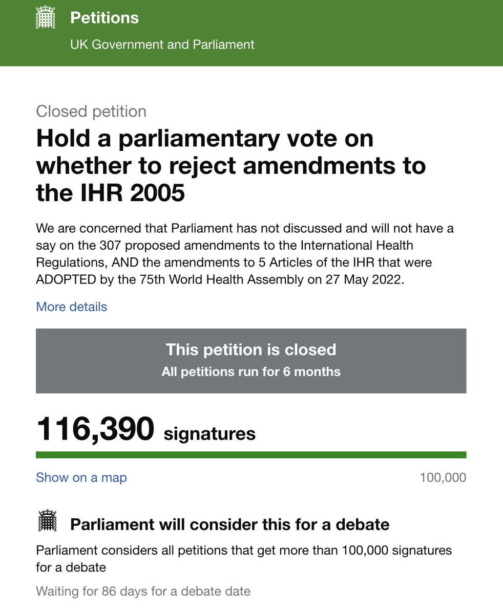 86 days and still no date for this parliamentary debate...

We only have until 1st December to reject the IHR amendments adopted last year. Are they trying to delay the debate so that it's too late?
<a href="/Togetherdec/">Together</a> <a href="/ukmfa1/">UK Medical Freedom</a> <a href="/UKcitizen2021/">UKCitizen.org</a> 
#IHR