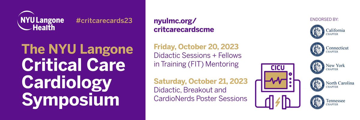 Register in person or online the 3rd @nyulangone CCC Symposium > 100 experts, debates, breakout sessions, posters in partnership w/ @CardioNerds its going to be AWESOME! #critcarecards23 @JasonKatzMD @jameshorowitzmd @AnnGageMD @BalimSenmanMD @ShashankSinhaMD @ChrisBarnettMD