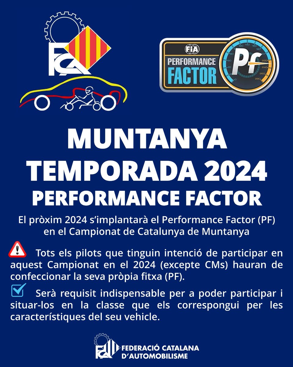 FCAutomobilisme's tweet photo. 📢 MUNTANYA 2024
💥 PERFORMANCE FACTOR
ℹ️ El pròxim 2024 s’implantarà el Performance Factor (PF) en el Campionat de Catalunya de Muntanya.
➡️ https://t.co/Z7Nm0imWhQ
#FCAutomobilisme #motorsport #muntanya #performance #factor #proximany #requisit #imprescindible #competir https://t.co/PEFUSxUGBs