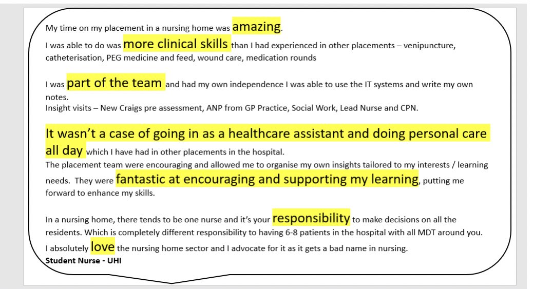 Fantastic feedback from a 2nd year @uhinursing student. Who had a placement within a Care Home. Let’s celebrate this wonderful learning environment @scottishcare @CareInspect #socialcarenursing @michaela_penny @NHSJohnS