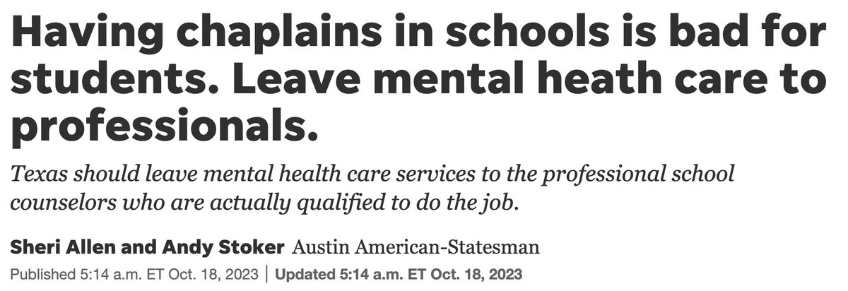 "As clergy members, we believe inserting chaplains in place of professional counselors into our schools is a grave threat to democracy and to the well-being of children across the state."

-Interfaith Alliance of TX's <a href="/RevDrAndyStoker/">Andy Stoker #🟦</a> &amp; Cantor Sheri Allen

usatoday.com/story/opinion/…