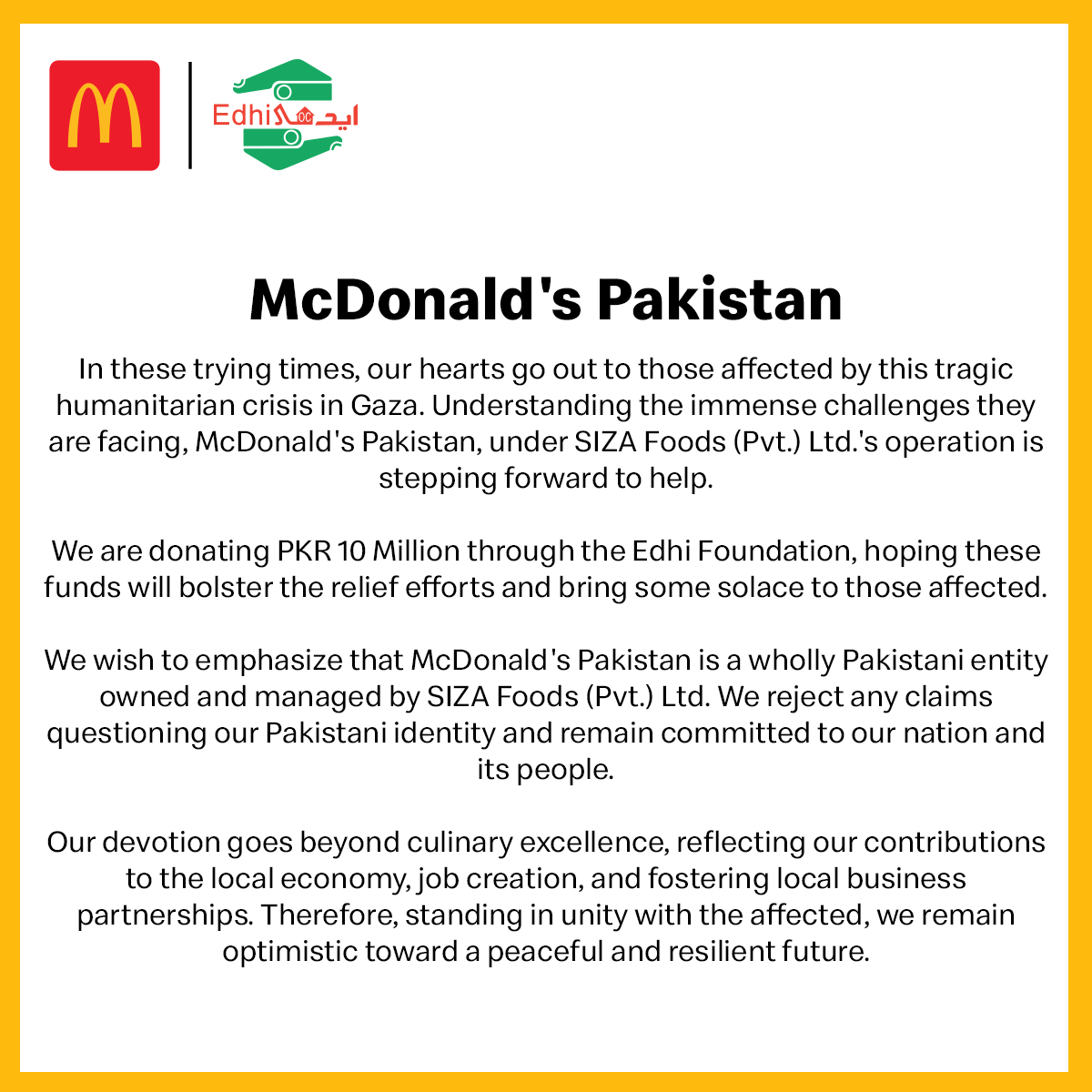 McDonaldsPK's tweet photo. McDonald's Pakistan Official Statement!
@Edhiorg https://t.co/EUqfP3zf6O