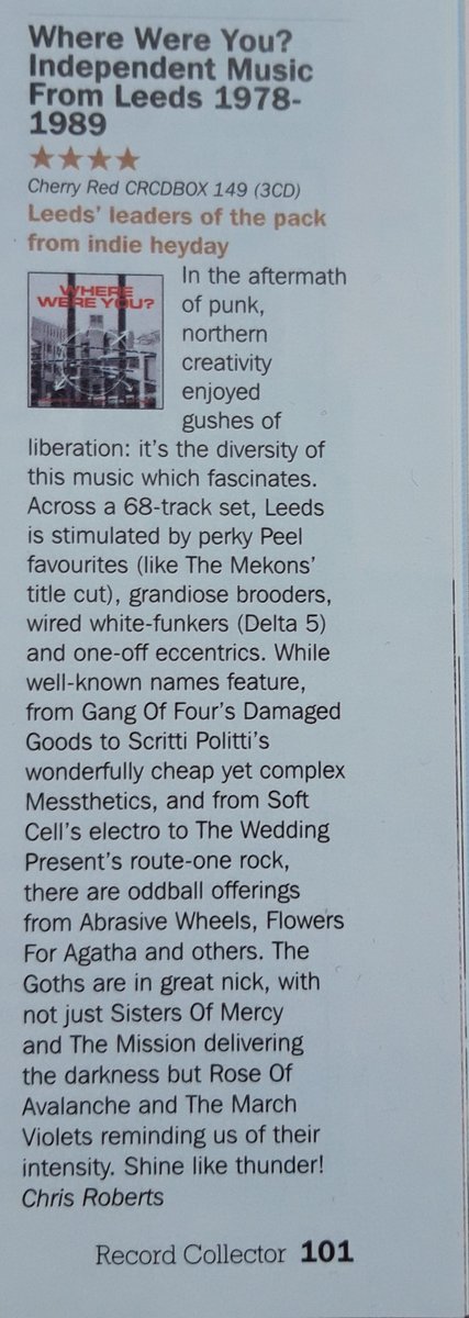 'Where Were You - Leeds Independent Scene 1978-89!' Great review by Chris Roberts in 'Record Collector' Magazine! ⭐️⭐️⭐️⭐️