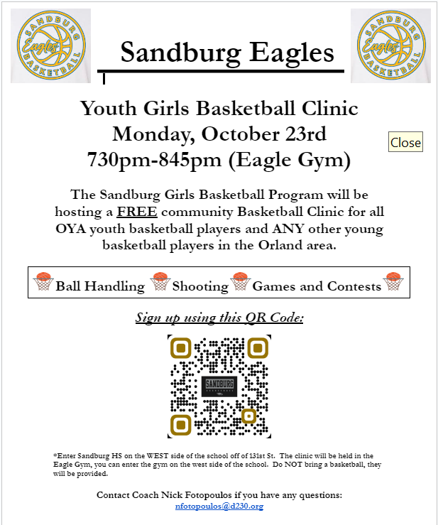 Attention All 2nd-8th Grade Girls Basketball Players!

We are hosting a FREE basketball clinic on Monday, October 23rd here at <a href="/SandburgHS/">Carl Sandburg H.S.</a>!!! 

Check out the flyer for details!! Sign up today by scanning the QR code or the link below!

forms.gle/pLhvge8WkWNuJs…
