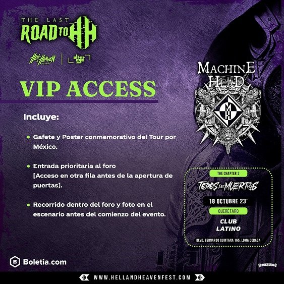 Hoy nos vemos en #Querétaro en el "Club Latino" para el último show de la gira de Machine Head por México ☢️

Horarios

Vip Access: 5.30 PM
Puertas: 7 PM
Todos Los Muertos: 8 PM
Machine Head: 9 PM

Habrá venta de tickets en taquilla y también mercancía oficial.