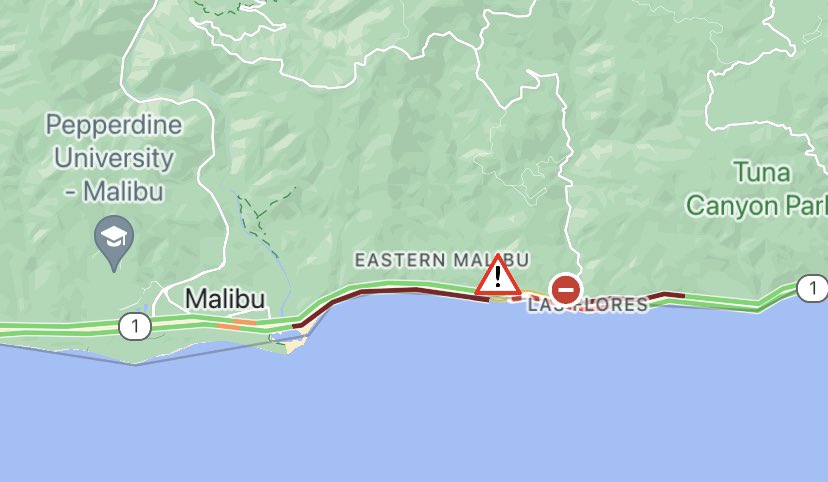 #Malibu - NB & SB #PCH State Route 1 is closed between Carbon Canyon and Las Flores Canyon. NB detour is Topanga Canyon Blvd. SB detour is at Malibu Canyon Rd. Police investigation ongoing. Duration unknown. #PacificCoastHighway #LAtraffic #Sigalert