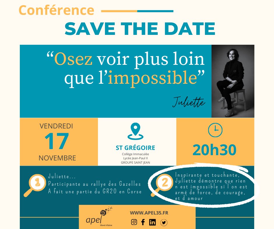 Serez-vous des nôtres le 17 novembre ?  l'Assemblée Générale de l'Apel35 + conférence par Juliette.
Indice N°2 #quiestjuliette ? 
Rendez-vous la semaine prochaine pour connaitre la réponse !!