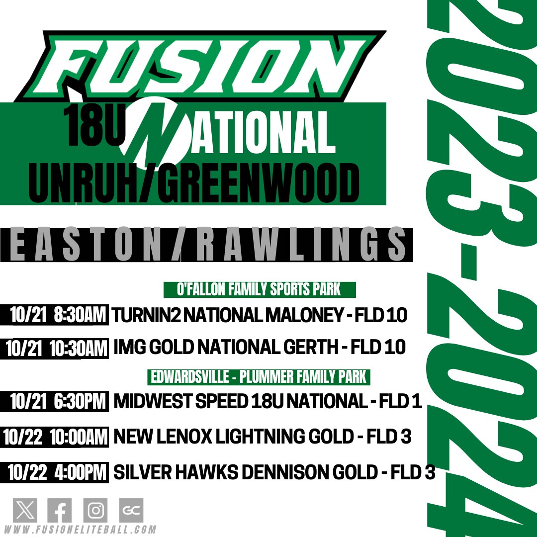 Fusion 18U National Unruh/Greenwood (@fusionsb_unruh) on Twitter photo Ready to get started at the Easton Rawlings Elite
Fall Showcase by <a href="/SavvyTourneys/">Savvy Softball</a> in O'Fallon, IL against the best! Check us out live or on our stream. Game times & locations below! <a href="/ExtraInningSB/">EXTRA INNING SOFTBALL</a> @Los_Stuff <a href="/D1Softball/">D1Softball</a> <a href="/IHartFastpitch/">I❤️Fastpitch</a>
#LLAP
#FusionFamily
#GirlsinGreen Ready to get started at the Easton Rawlings Elite
Fall Showcase by <a href="/SavvyTourneys/">Savvy Softball</a> in O'Fallon, IL against the best! Check us out live or on our stream. Game times & locations below! <a href="/ExtraInningSB/">EXTRA INNING SOFTBALL</a> @Los_Stuff <a href="/D1Softball/">D1Softball</a> <a href="/IHartFastpitch/">I❤️Fastpitch</a>
#LLAP
#FusionFamily
#GirlsinGreen