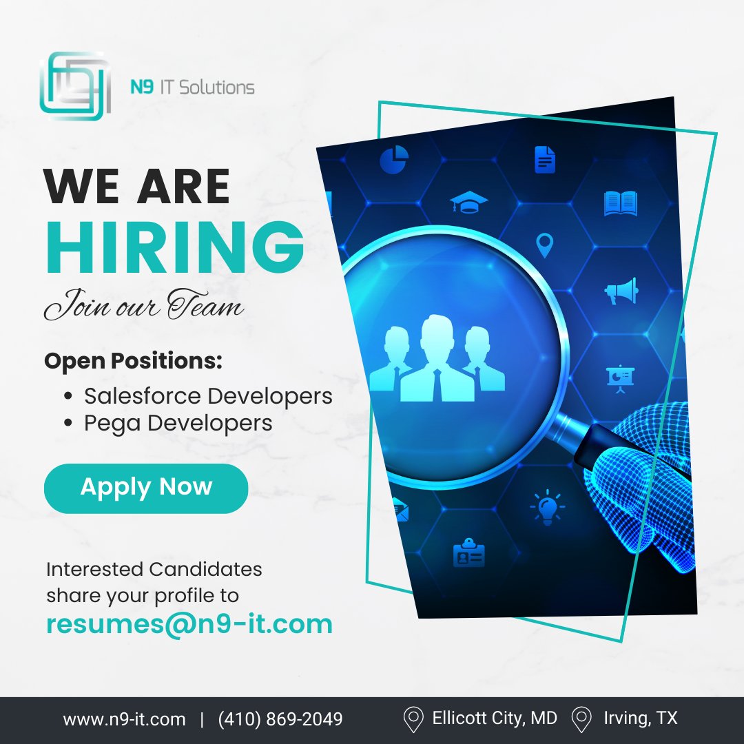 We are Hiring for the positions of Salesforce Developers and Pega Developers and Frontend Developers in our USA location. Just mail your resume to resumes@n9-it.com Contact us for more details - +1 410-869-2049 Website - n9-it.com #n9itsolutions