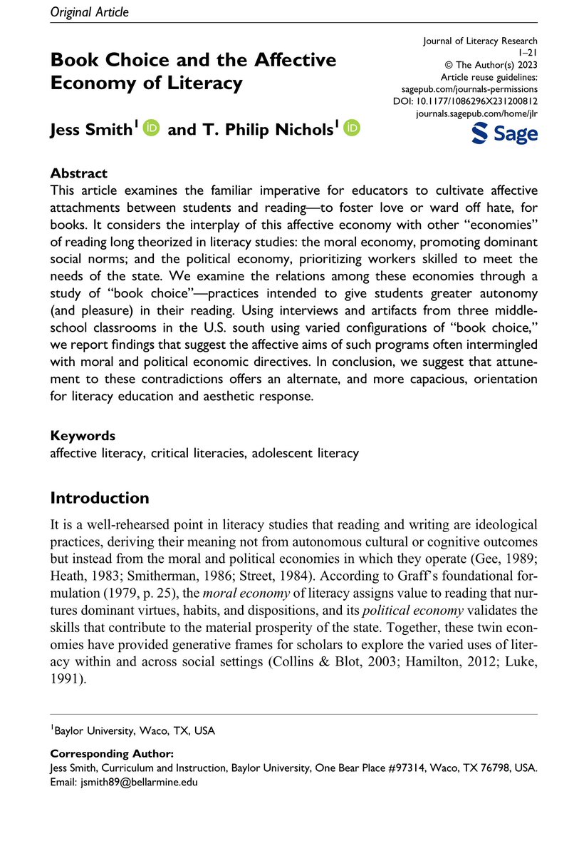 Phil Nichols (@philnichols) on Twitter photo What do we teach when we teach students to "love" reading?
Jess Smith and I explore this question in a new article for <a href="/JLiteracyRes/">Journal of Literacy Research</a>, "Book Choice and the Affective Economy of Literacy."
journals.sagepub.com/doi/10.1177/10…
#literacies What do we teach when we teach students to "love" reading?
Jess Smith and I explore this question in a new article for <a href="/JLiteracyRes/">Journal of Literacy Research</a>, "Book Choice and the Affective Economy of Literacy."
journals.sagepub.com/doi/10.1177/10…
#literacies