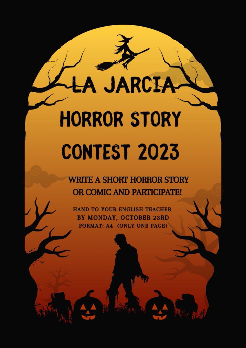 Concurso de Historias de Terror En Inglés 🎃👻
Escribe una historia corta de terror en inglés o un cómic, y participa en esta actividad.
Entrégala en mano a tu profesor o profesora de Inglés. Tienes hasta el lunes 23 de octubre. Como extensión: máximo una página en A4.
¡Anímate!