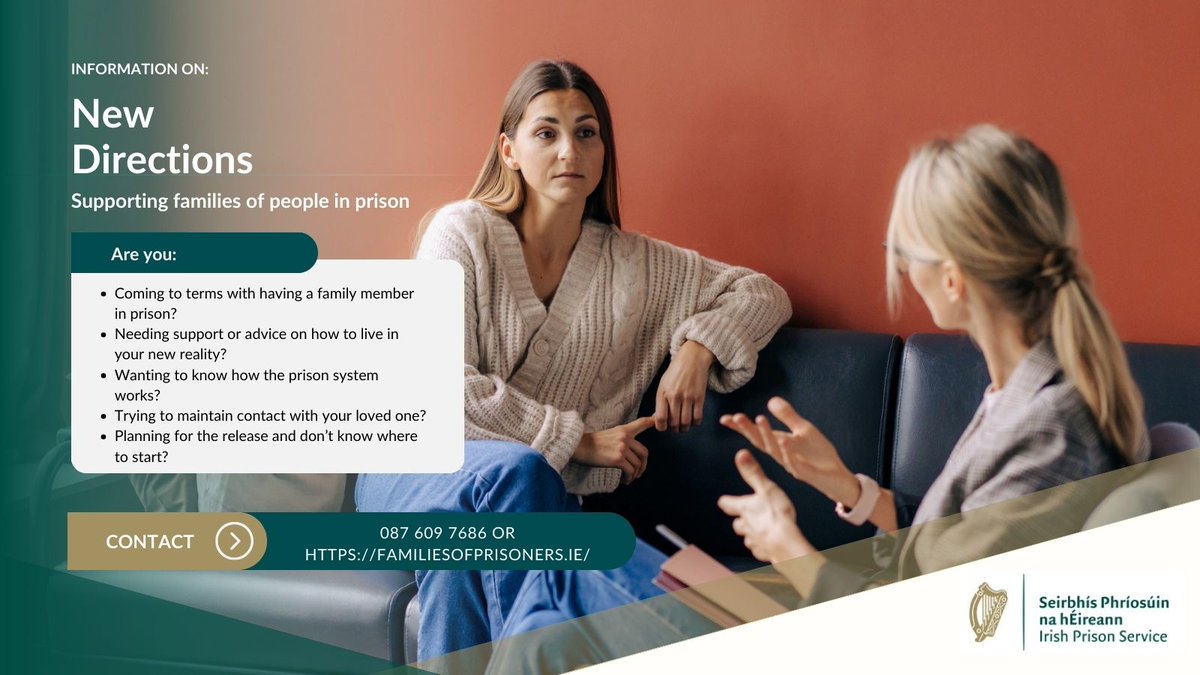 IrishPrisons's tweet photo. New Directions is an initiative committed to providing a free, confidential information and support service for families grappling with the challenges of imprisonment. For more information visit their website: https://t.co/7Y1A1KnMS7. https://t.co/bOKzslSoIW