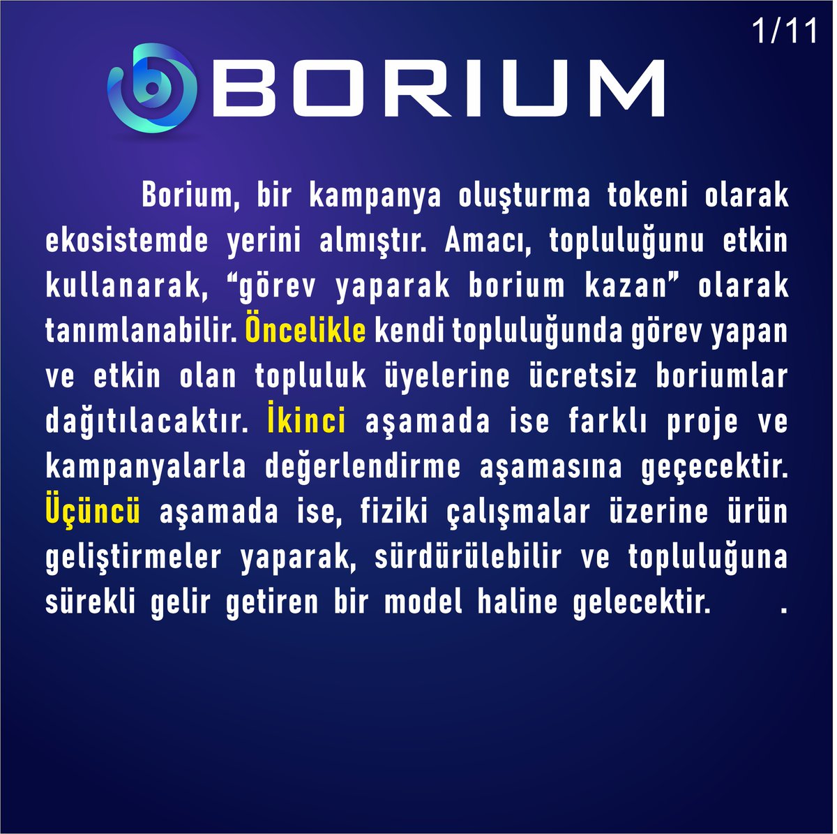 boriumtoken's tweet photo. 1/11 $Borium, bir kampanya oluşturma tokeni olarak ekosistemde yerini almıştır. Amacı, topluluğunu etkin kullanarak, “görev yaparak borium kazan” olarak  tanımlanabilir. #borium https://t.co/ZRrXzrymzn
