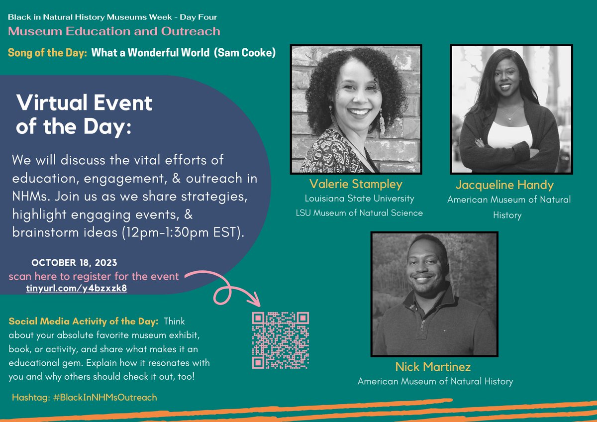 Please join us today for Day 4 events in Education and Outreach! We are looking forward to the discussion and brainstorming event from 12pm to 1:30pm EST. #BlackInNHMs #sciencetwitter