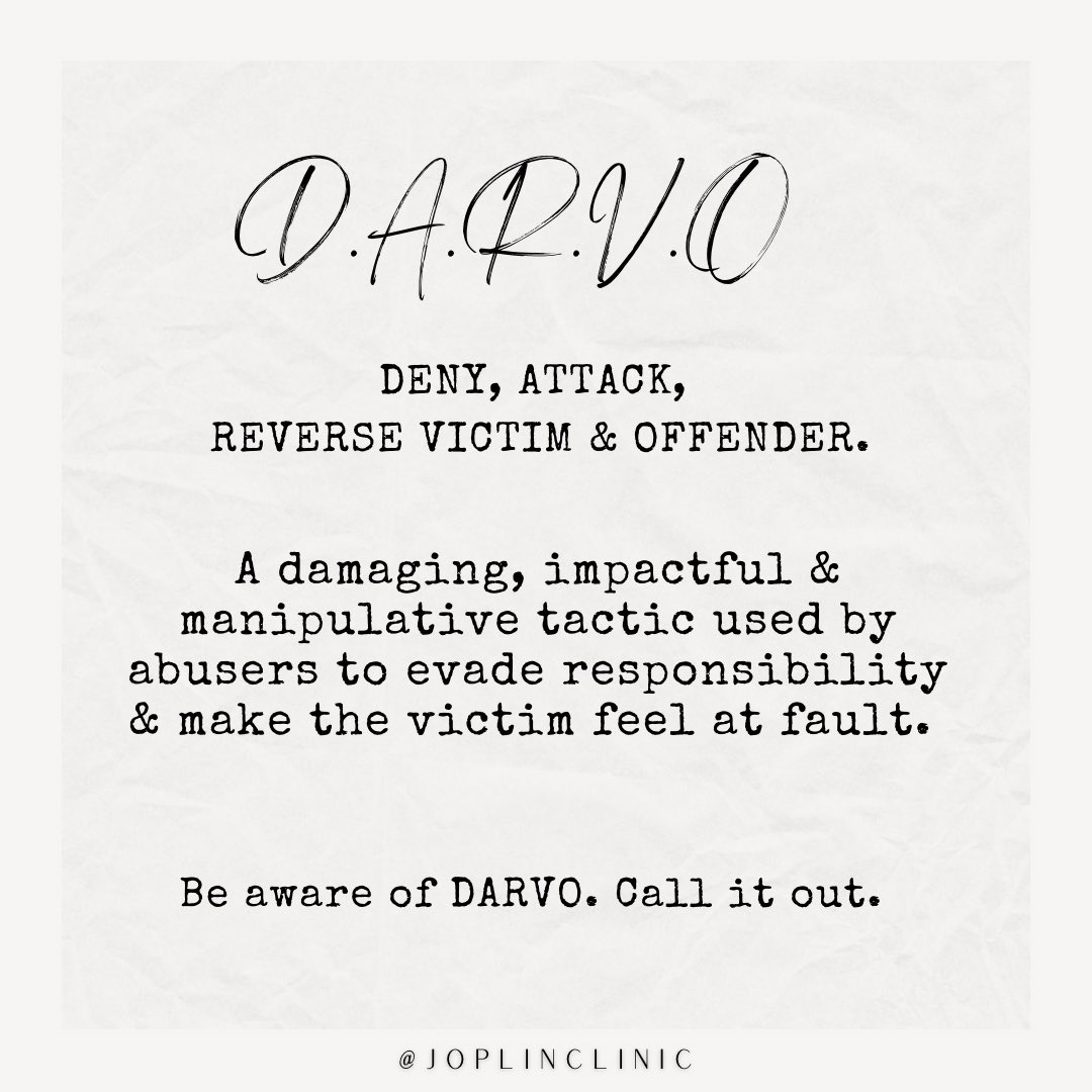 DARVO stands for Deny, Attack, and Reverse Victim and Offender. It’s an extremely destructive form of psychological abuse. DARVO tactics allow perpetrators to evade accountability, create confusion, and make the victim doubt their own reality, further perpetuating a cycle of