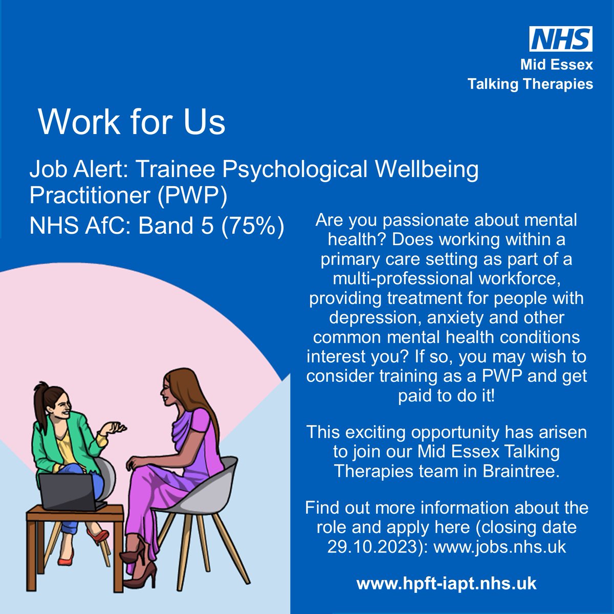 HPFT_TT's tweet photo. JOB ALERT: TRAINEE PSYCHOLOGICAL WELLBEING PRACTITIONER (PWP)

This is an exciting opportunity for Trainee Psychological Wellbeing Practitioners to be a core member of our NHS Mid Talking Therapies Team (closing date 29.10.23): https://t.co/NKlj71SgcF?

#NHSTalkingTherapiesJobs https://t.co/L2klfPerEP